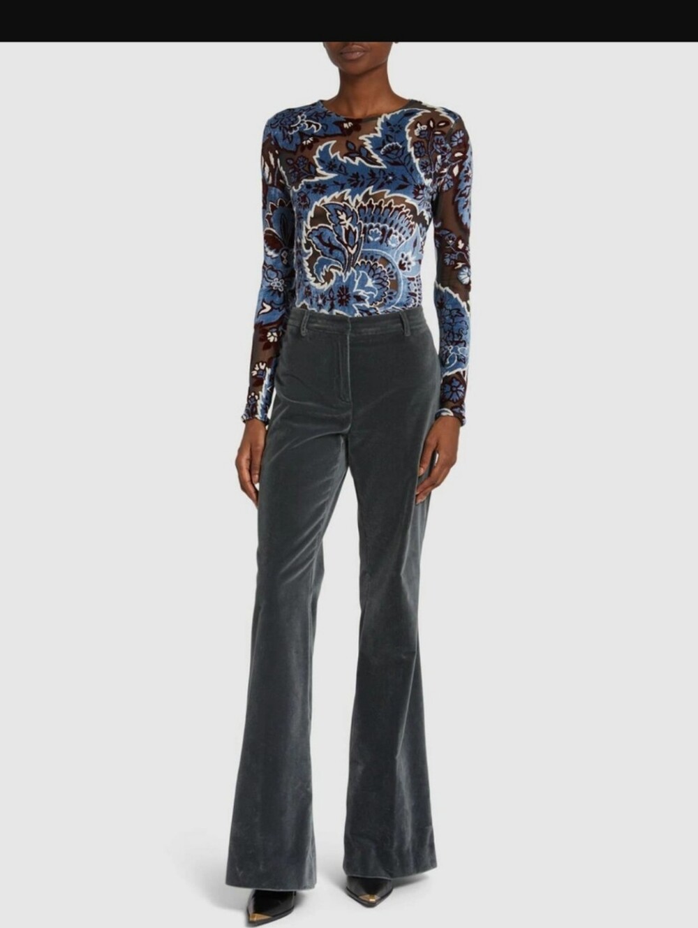 ETRO Devore Milano Velvet Burnout Floral Paisley Mesh Top Italy Blue Burgundy  L